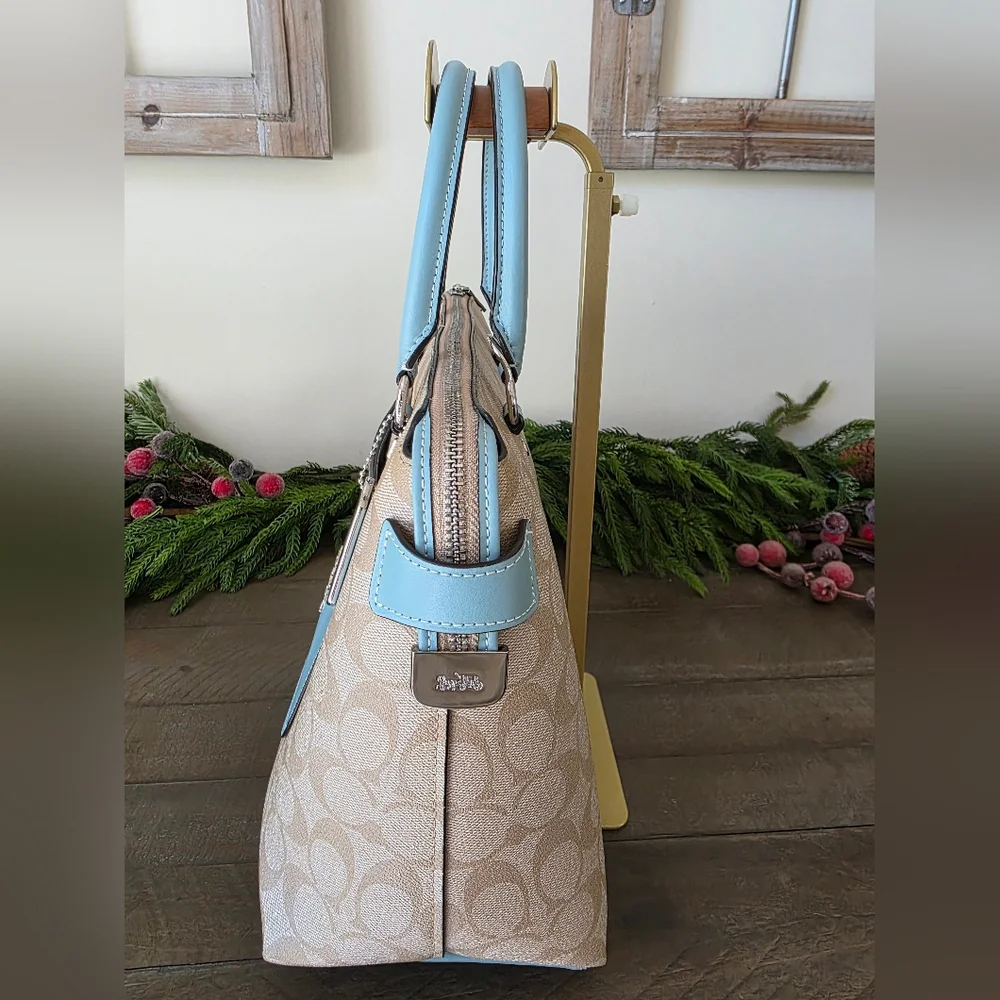 Coach Emma Satchel Crossbody Signature Coated Canvas Light Blue Leather Accents - Picture 6 of 15